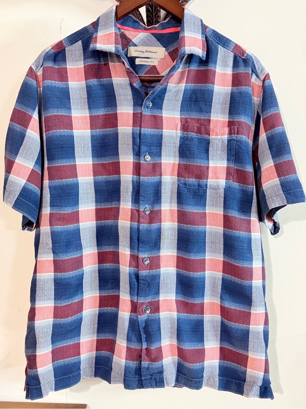 Tommy Bahama 100% Silk Plaid Camp Shirt Men’s Large Blue Red Short Sleeve Casual